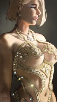 1girl blonde_hair blue_eyes blue_eyeshadow blunt_ends breasts cleavage commentary earrings emma_frost english_commentary eyeshadow gem gold_earrings grey_background highres hoop_earrings jewelry large_breasts lingerie looking_to_the_side makeup marvel marvel_rivals mature_female navel parted_lips pepedraws photo-referenced pink_lips profile short_hair sideboob solo underboob underwear upper_body x-men