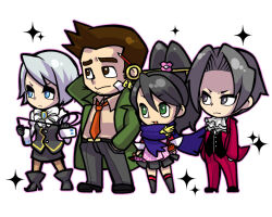 Rule 34 | 2boys, 2girls, ace attorney, ace attorney investigations, ace attorney investigations: miles edgeworth, arm behind head, arms at sides, ascot, bandage on face, bandages, black footwear, black gloves, black skirt, black vest, blue eyes, blue scarf, bow, brown eyes, brown hair, brown pantyhose, chibi, chibi only, closed mouth, collared shirt, dick gumshoe, facial hair, franziska von karma, full body, gloves, goatee stubble, green eyes, green jacket, grey eyes, grey footwear, grey hair, grey pants, grey skirt, holding, holding whip, jacket, juliet sleeves, kay faraday, kotorai, long hair, long sleeves, miles edgeworth, mole, mole under eye, multiple boys, multiple girls, open mouth, outline, pants, pantyhose, pencil behind ear, pink outline, ponytail, puffy sleeves, red gloves, red jacket, red pants, scarf, shirt, shoes, short hair, skirt, sparkle, stubble, vest, whip, white bow, white shirt