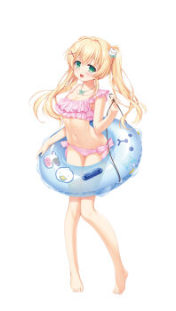1girl :d absurdres alternate_costume animal_print bare_arms barefoot bikini bikini_slip blonde_hair blush bow breasts cleavage collarbone cow_print duck_print feet floating_hair frilled_bikini frills full_body green_bow green_eyes hair_between_eyes hair_bow hair_ornament hand_up happy highres holding holding_swim_ring innertube jewelry knees_together_feet_apart long_hair looking_at_viewer lowleg lowleg_bikini nagayama_yuunon necklace official_art open_mouth pearl_necklace pink_bikini pink_bow ringed_eyes side-tie_bikini_bottom sidelocks simple_background small_breasts smile solo standing summer_pockets sweat swim_ring swimsuit teddy_bear_hair_ornament tiptoes toenails toes tsumugi_wenders twintails white_background x_hair_ornament
