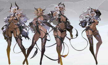 4girls bare_shoulders bikini black_bikini black_garter_belt black_gloves black_leotard black_thighhighs blonde_hair breasts commentary contrapposto dark-skinned_female dark_skin demon_girl demon_horns demon_tail english_commentary eyewear_on_head full_body fur-trimmed_jacket fur_trim garter_belt gloves hair_over_one_eye hand_on_own_hip high_ponytail highleg highleg_leotard highres horns jacket large_breasts leotard long_hair long_sleeves looking_at_viewer multiple_girls open_clothes open_jacket original ponytail smjim1986 standing sunglasses swimsuit tail thighhighs white_hair yellow_eyes
