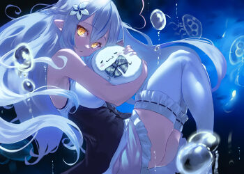 Rule 34 | 1girl, :>, :3, armpits, aya tarou, bare arms, bare shoulders, blue hair, blue streaks, bow, braid, breasts, bubble, closed mouth, dress, floating hair, flower, frilled thigh strap, frills, from side, glowing, glowing eyes, green bow, hair between eyes, hair flower, hair ornament, half up braid, holding, hololive, hug, jellyfish, knees up, large breasts, long hair, looking at viewer, looking to the side, multicolored hair, plaid bow, pointy ears, skindentation, sleeveless, sleeveless dress, solo, streaked hair, thigh strap, thighhighs, thighs, underwater, very long hair, virtual youtuber, water, white dress, white flower, white thighhighs, yellow eyes, yukihana lamy, yukimin (yukihana lamy)