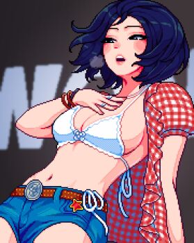 1girl belt blue_hair breasts cleavage denim denim_shorts gingham_shirt hand_on_own_chest highres kwon_eun-bi large_breasts navel open_clothes open_mouth open_shirt pixel_art real_life short_hair shorts solo star_(symbol) yumykon