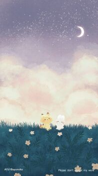 animal artist_name ayu_(mog) blush_stickers closed_eyes closed_mouth cloud cloudy_sky commentary commentary_request crescent_moon english_commentary flower fox grass highres mixed-language_commentary moon night no_humans original outdoors rabbit romaji_commentary scenery sky smile solid_circle_eyes star_(sky) starry_sky twitter_username watermark yellow_flower