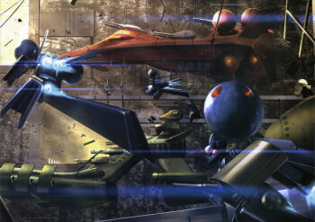 artist_request beam_cannon debris dra-c glowing gundam gundam_0083 gundam_perfect_file gwazine lens_flare machinery mecha mobile_suit musai no_humans o&#039;neill_cylinder official_art one-eyed painting_(medium) realistic robot scan scene_reference science_fiction space spacecraft thrusters traditional_media wreckage zeon