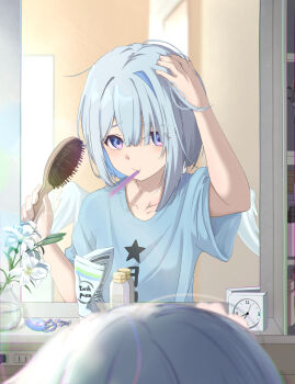 1girl amane_kanata analog_clock angel angel_wings asymmetrical_hair axolotl blue_hair blue_shirt blurry blurry_foreground bob_cut bottle brushing_hair casyu_nut charm_(object) clock collarbone commentary depth_of_field electrical_outlet feathered_wings flower hair_brush hair_ornament hair_over_one_eye hairclip hairdressing highres holding holding_hair_brush hololive lily_(flower) looking_at_reflection looking_at_self medicine_cabinet messy_hair mini_wings mirror mouth_hold multicolored_hair pink_hair pp_tenshi_t-shirt purple_eyes raised_eyebrows reflection shelf shirt short_hair short_sleeves single_hair_intake solo streaked_hair t-shirt toothbrush toothbrush_in_mouth toothpaste virtual_youtuber white_flower white_wings wings x_x