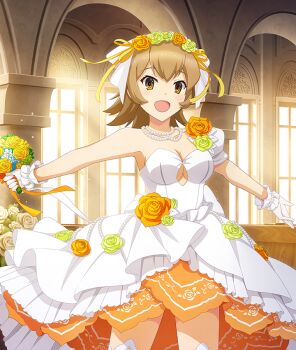 1girl :d arch blue_flower bouquet breasts brown_hair center_opening church cleavage cowboy_shot day dot_nose double-parted_bangs dress flower flower_hairband game_cg gloves green_flower green_rose holding holding_bouquet indoors jewelry large_breasts legs_apart looking_at_viewer medium_hair necklace official_art open_mouth orange_eyes orange_flower orange_rose outstretched_arms pearl_necklace pew red_pupils ribbon rose shimoishii_chika short_sleeves single_bare_shoulder single_sleeve smile solo spread_arms string_of_pearls thighhighs third-party_source toji_no_miko toji_no_miko:_kizamishi_issen_no_tomoshibi wedding_dress white_dress white_gloves white_thighhighs window yellow_flower yellow_ribbon yellow_rose zettai_ryouiki