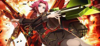 1girl blue_eyes blush breasts buttons closed_mouth code_geass code_geass:_lost_stories f4samurai game_cg highres jacket kouzuki_kallen large_breasts military_dress_uniform military_jacket military_uniform naval_dress_uniform naval_uniform non-web_source official_art red_hair short_hair solo