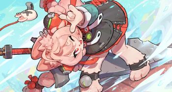 1girl \m/ absurdres ahoge animal_ear_fluff animal_ear_piercing animal_ears animal_feet anklet bent_over blue_background braid braided_twintails bright_pupils charm_(object) chinese_clothes commentary english_commentary furry furry_female green_shirt hair_between_eyes highres holding holding_sword holding_weapon jewelry la-ndy long_hair looking_at_viewer medallion one_eye_closed open_mouth pink_fur pink_hair rabbit_girl red_eyes screw shirt short_eyebrows snow solo sword thick_eyebrows twintails weapon white_pupils zenless_zone_zero zhao_(zenless_zone_zero)