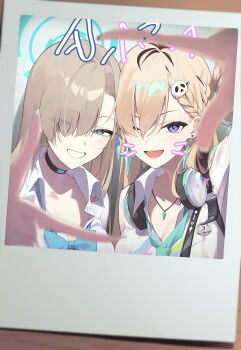 2girls absurdres asuna_(blue_archive) asuna_(school_uniform)_(blue_archive) blonde_hair blue_archive blue_bow blue_eyes bow bowtie collar commentary earphones earrings green_necktie grey_hair halo highres jewelry long_hair looking_at_viewer lynae_(wuthering_waves) multiple_girls n_sol necktie open_mouth photo_(object) purple_eyes school_uniform selfie v wuthering_waves