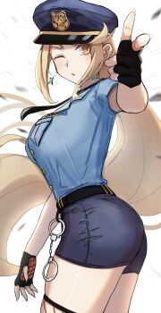 1girl absurdres alternate_costume amausa_subee black_gloves black_necktie blonde_hair blue_hat blue_shirt breasts commentary_request contemporary cowboy_shot cuffs earrings finger_gun fingerless_gloves fishnet_thighhighs fishnets from_side gloves handcuffs hat highres jewelry large_breasts long_hair mythra_(xenoblade) necktie one_eye_closed parted_lips peaked_cap police police_hat police_uniform policewoman shirt shirt_tucked_in short_shorts shorts solo thighhighs very_long_hair white_background xenoblade_chronicles_(series) xenoblade_chronicles_2 yellow_eyes