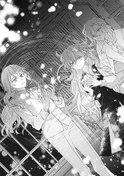 1girl 2boys aged_down armillary_sphere ascot bookshelf bow braid brooch collared_shirt dutch_angle elbow_rest fate/grand_order fate_(series) feet_out_of_frame greyscale hair_between_eyes hair_bow hair_over_shoulder hair_ribbon hands_up head_rest high-waist_skirt highres indoors jewelry kirschtaria_wodime long_hair long_sleeves looking_ahead looking_at_another low_ponytail magic marisbury_animusphere monochrome multiple_boys necktie olga_marie_animusphere one_side_up pants parted_bangs parted_lips pleated_skirt ponytail ribbon shirt single_braid skirt smile standing tsengyun vest