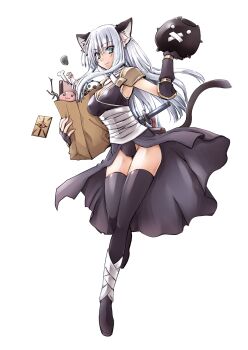 1girl :3 alternate_color animal_ear_fluff animal_ears armor assassin_(ragnarok_online) bad_id bad_pixiv_id bag bandages black_cape black_gloves black_leotard black_thighhighs bone branch breasts cape card cat_ears closed_mouth commentary_request demon deviruchi fingerless_gloves full_body gloves green_eyes highres koizumi_(0w05070w0) leotard long_hair looking_at_viewer medium_breasts pauldrons poring potion ragnarok_online shopping_bag shoulder_armor simple_background skull slime_(creature) smile thighhighs transparent_background waist_cape white_hair