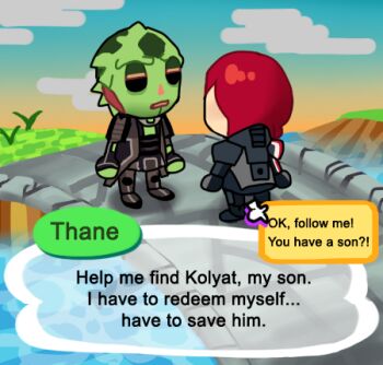 alien animal_crossing animal_crossing_new_horizons bridge commander_shepard commander_shepard_(female) crossover drell english_text mass_effect_(series) n7_armor nintendo speech_bubble thane_krios tumblr water