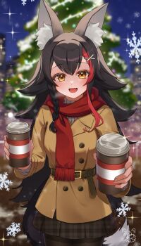 1girl animal_ear_fluff animal_ears belt black_hair black_pantyhose blurry blurry_background braid brown_belt brown_coat brown_skirt christmas christmas_tree coat commentary_request cowboy_shot cup disposable_cup fang gingham_clothes hair_ornament highres holding holding_cup hololive long_hair long_sleeves looking_at_viewer multicolored_hair naftyiyo11 ookami_mio open_mouth pantyhose red_hair red_scarf red_streaks scarf side_braid sidelocks signature skirt smile snowflakes snowing solo sparkle standing streaked_hair turtleneck two-tone_hair virtual_youtuber winter_clothes wolf_ears x_hair_ornament yellow_eyes