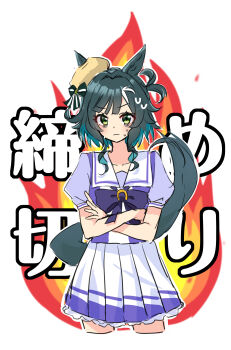 1girl absurdres animal_ears bags_under_eyes blush bow bowtie closed_mouth collarbone crossed_arms ears_through_headwear fire green_eyes green_hair hair_between_eyes hat highres horse_ears horse_girl horse_tail kiseki_(umamusume) looking_at_viewer medium_hair morizu929 multicolored_hair pleated_skirt puffy_short_sleeves puffy_sleeves purple_bow purple_bowtie purple_shirt sailor_collar sailor_shirt school_uniform shirt short_sleeves skirt solo sweat tail tracen_school_uniform umamusume white_sailor_collar white_skirt white_streaks yellow_beret