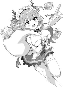 arm_between_breasts arm_scrunchie azur_lane azur_lane:_slow_ahead bell between_breasts box breasts cleavage dress fake_antlers gift gift_box greyscale holding holding_sack hori_(hori_no_su) large_breasts light_blush maid_headdress monochrome neptune_(azur_lane) neptune_(princess_of_the_reindeers)_(azur_lane) open_mouth pointing ribbon running sack simple_background smile solo thighhighs white_background