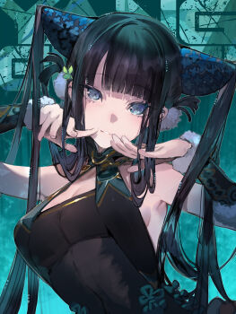 1girl bare_shoulders black_dress black_hair blue_eyes breasts china_dress chinese_clothes cleavage detached_sleeves dress fate/grand_order fate_(series) hair_ornament highres large_breasts leaf_hair_ornament long_hair looking_at_viewer sidelocks smile solo suzuhi_(fullprayer) twintails very_long_hair yang_guifei_(fate) yang_guifei_(second_ascension)_(fate)