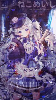 1girl :o animated animated_gif bear_hat_ornament belt belt_buckle belt_collar biting biting_glove black_gloves black_hat black_ribbon black_sleeves blinking blood blood_on_clothes blood_stain blue_belt blue_bow blue_butterfly blue_collar blue_dress blue_eyes blue_ribbon boqing_xiao_guafu bow brown_pantyhose buckle bug butterfly chain collar commission cowboy_shot cross-laced_clothes cross-laced_dress cross-laced_sleeves curtains dated day detached_collar dot_nose dress dress_flower expressionless eyelashes flower frilled_sleeves frills gloves gun hair_bow hair_flower hair_ornament hair_ribbon hairclip hallway hand_on_own_ear handgun hat hat_belt highres holding holding_gun holding_weapon indoors insect lace-trimmed_headwear lace_trim light_blush light_particles long_hair long_sidelocks long_sleeves multiple_belts original pantyhose parted_lips peaked_cap plaid_clothes plaid_dress pleated_dress ribbon rose sample_watermark short_dress sidelocks sleeves_past_wrists smile solo standing tareme too_many_watermarks tress_ribbon twintails very_long_hair watermark weapon white_flower white_hair white_rose wide_sleeves window