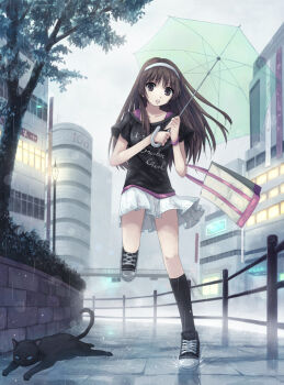 1girl cat city female_focus full_body hairband legs original skirt solo standing transparent transparent_umbrella umbrella yakka