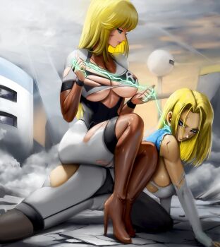 2girls absurdres android_18 ass blonde_hair blood blue_eyes bodysuit boots breasts broken_floor cameltoe city clone debris doppelganger dragon_ball dragon_ball_gt dragonball_z elite_nappa femdom hanging_breasts high_heels highres kneeling large_breasts long_hair looking_down multiple_girls novasayajingoku on_one_knee sitting sitting_on_person super_android_18 torn_clothes
