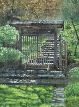 commentary_request day flower gate grass highres no_humans original painting_(medium) path road scenery stairs traditional_media tree watanabe_masato watercolor_(medium) yellow_flower