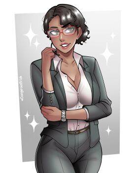 1girl absurdres artist_name black_hair black_jacket black_pants breasts brown_eyes cleavage commentary cowboy_shot dangerousbride dark-skinned_female dark_skin glasses headset highres ingrid_hunnigan jacket large_breasts office_lady pants parted_lips partially_unbuttoned ponytail red-framed_eyewear red_lips red_nails resident_evil resident_evil_4 resident_evil_4_(remake) smile solo sparkle_background watch wristwatch