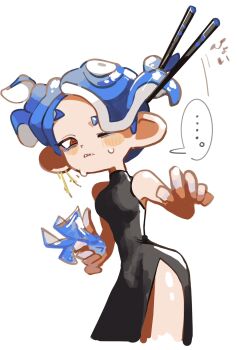 ... 1girl alternate_costume aluy01 blue_hair blush chopsticks cowboy_shot dress fangs highres nintendo open_mouth shiver_(splatoon) side_slit solo splatoon_(series) splatoon_3 sweat tentacle_hair white_background