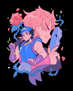 Rule 34 | 2boys, absurdres, arms up, belt, belt buckle, black background, blonde hair, blue eyes, blue hair, blue pants, blue shirt, brown belt, buckle, clenched hand, closed mouth, commentary request, cropped legs, dio brando, fang, fingerless gloves, fingernails, flower, frown, gloves, gogeyama, highres, holding, holding mask, jojo no kimyou na bouken, jonathan joestar, looking back, looking to the side, male focus, mask, multiple boys, pants, petals, phantom blood, plant, red flower, red nails, red rose, rose, sharp fingernails, shirt, sideways glance, simple background, sleeveless, sleeveless shirt, smile, stone mask, thorns, vines