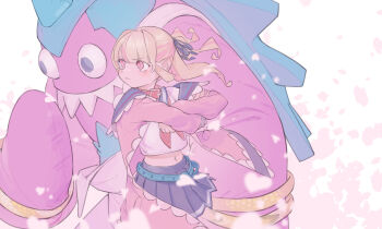 1boy 1girl aqua_belt belt belt_collar blanka blanka-chan blue_ribbon blue_sailor_collar blue_skirt blunt_bangs blush cherry_blossoms closed_mouth collar colored_inner_hair commentary_request cowboy_shot crossed_arms falling_petals grey_hair hair_intakes hair_ribbon highres hottakarashi jacket long_hair looking_to_the_side loose_belt makaino_ririmu midriff miniskirt multicolored_hair navel neckerchief nijisanji off_shoulder official_alternate_color open_clothes open_jacket overalls petals pink_hair pink_jacket pink_streaks pleated_skirt pointy_ears red_collar red_eyes red_neckerchief ribbon sailor_collar school_uniform serafuku shirt sidelocks skirt standing strap_slip streaked_hair street_fighter street_fighter_6 two-tone_hair two_side_up v-shaped_eyebrows virtual_youtuber white_background white_overalls white_shirt wind