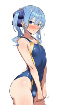 1boy bare_arms blue_eyes blue_hair blue_one-piece_swimsuit blush bulge closed_mouth covered_navel earrings from_side genderswap genderswap_(ftm) hololive hoshimachi_suisei jewelry looking_at_viewer looking_to_the_side male_focus miyabikawa_sakura one-piece_swimsuit simple_background solo star_(symbol) star_earrings swimsuit trap two-tone_one-piece_swimsuit white_background yellow_one-piece_swimsuit