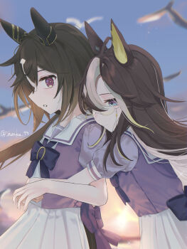 2girls absurdres ahoge animal_ears black_hair blue_eyes blush bow bowtie brown_hair closed_mouth dream_journey_(umamusume) ear_covers eyewear_strap glasses hair_between_eyes highres horse_ears horse_girl horse_tail hug hug_from_behind long_hair multicolored_hair multiple_girls parted_lips puffy_short_sleeves puffy_sleeves purple_bow purple_bowtie purple_eyes purple_shirt sailor_collar sailor_shirt school_uniform shirt short_sleeves shunka_shuto skirt stay_gold_(umamusume) streaked_hair tail tracen_school_uniform umamusume white_hair white_sailor_collar white_skirt yuri