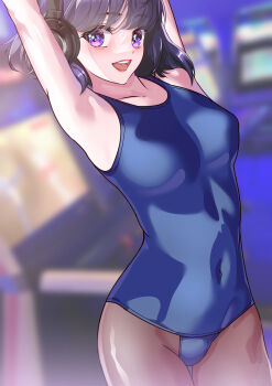 1girl absurdres arion_canvas bishoujo_senshi_sailor_moon black_hair blunt_bangs blunt_ends breasts highres lips medium_breasts purple_eyes short_hair smile solo swimsuit tomoe_hotaru