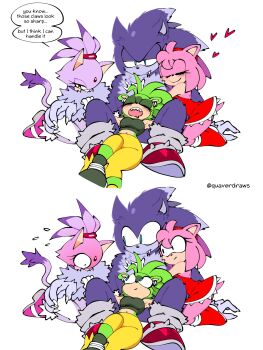 1boy 3girls amy_rose blaze_the_cat blush compliment cuddling embarrassed fangs furry green_fur harem hedgehog highres hug idw_publishing lying multiple_girls pink_fur purple_fur quaverdraws quavernsfw reclining sega simple_background sonic_(series) sonic_the_hedgehog sonic_the_hedgehog_(idw) sonic_the_werehog sonic_unleashed speech_bubble suggestive_dialogue surge_the_tenrec surprised talking tomboy werehog white_background