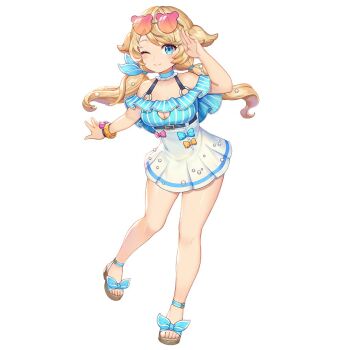 1girl animal_ears artist_request bangle bare_legs blonde_hair blue_bow blue_choker blue_dress blue_eyes blue_one-piece_swimsuit blue_sandals bow bracelet breasts choker cleavage cleavage_cutout clothing_cutout commentary commentary_request dress dress_swimsuit english_commentary eyewear_on_head floating_hair foot_up footwear_bow frilled_choker frilled_dress frilled_one-piece_swimsuit frills full_body hair_ribbon hair_tie hand_up heart_cutout jewelry king&#039;s_raid korean_commentary medium_breasts mixed-language_commentary multicolored_dress multicolored_swimsuit off-shoulder_dress off-shoulder_one-piece_swimsuit off_shoulder official_alternate_costume official_art one-piece_swimsuit one_eye_closed outstretched_arm pearl_hair_ornament polka_dot polka_dot_bow red_bow ribbon rodina_(king&#039;s_raid) sandals second-party_source simple_background smile solo strap striped_clothes striped_one-piece_swimsuit sunglasses swimsuit twintails white_background white_dress white_one-piece_swimsuit yellow_bow