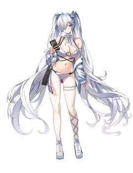 1girl absurdres alternate_costume bare_shoulders bikini blue_eyes blush cellphone cinderella_(nikke) closed_mouth full_body goddess_of_victory:_nikke hair_over_one_eye hallo_(rltkdydrltk) highres holding holding_phone long_hair long_sleeves looking_at_viewer navel one_eye_covered phone simple_background smartphone smile standing stomach swimsuit thigh_strap thighs twintails very_long_hair white_background white_bikini white_hair