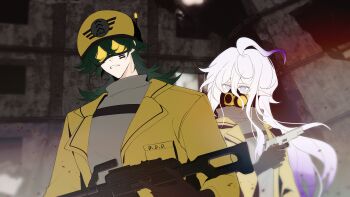 Rule 34 | 2boys, ahoge, behind another, black-framed eyewear, black gloves, blurry, cheek tattoo, chinese commentary, clenched teeth, commentary request, covered mouth, depth of field, double-parted bangs, flipped hair, gatling pea (plants vs. zombies), gloves, goggles, gradient hair, green hair, grey background, grey eyes, grey sweater, gun, hair between eyes, hand up, handgun, helmet, highres, holding, holding gun, holding weapon, huge ahoge, indoors, jacket, lapels, long hair, long hair between eyes, long sidelocks, long sleeves, looking at another, male focus, mask, medium hair, multicolored hair, multiple boys, no pupils, official alternate costume, open clothes, open jacket, pale skin, personification, plants vs. zombies, plants vs. zombies 2, purple hair, respirator, shadow peashooter (plants vs. zombies), sidelocks, siiiiiiiiiii, simple background, sweatdrop, sweater, tattoo, teeth, tinted eyewear, turtleneck, turtleneck sweater, two-tone hair, upper body, very long hair, weapon, white hair, window, yellow-tinted eyewear, yellow helmet, yellow jacket