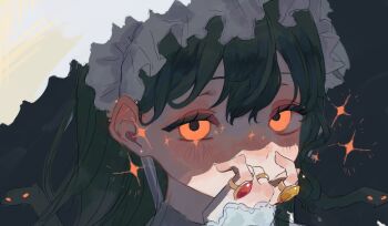 Rule 34 | 1girl, black hair, blush, covering own mouth, double-parted bangs, ear piercing, earrings, freckles, frilled hairband, frills, hairband, hand to own mouth, jewelry, long hair, looking at viewer, multiple rings, orange eyes, original, parasol, piercing, portrait, ring, shade, snake, snake hair, solo, sparkle, uki bukuro, umbrella, white hairband