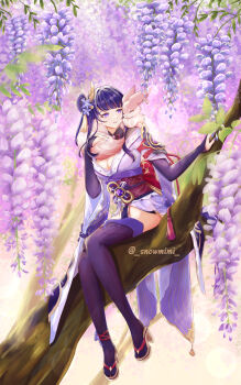 1girl absurdres armor artist_name back_bow blunt_bangs bow braid branch breasts bridal_gauntlets cleavage commentary english_commentary fan_hair_ornament flower fox_girl full_body genshin_impact happy highres huge_breasts in_tree japanese_clothes kimono light_particles lingerie long_braid long_hair mole mole_under_eye off_shoulder outdoors parted_lips purple_eyes purple_hair purple_kimono purple_thighhighs raiden_shogun red_sash sash shoulder_armor single_braid sitting sitting_in_tree smile snow_(snowmimi) solo_focus thighhighs tree twitter_username underwear wisteria yae_miko yae_miko_(fox)