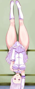 1girl absurdres ayannon_yumme blush boots breasts cleavage detached_sleeves dress emilia_(re:zero) handstand highres large_breasts long_hair long_sleeves looking_at_viewer lycoris_challenge_(meme) lycoris_recoil meme open_mouth parody pointy_ears purple_eyes re:zero_kara_hajimeru_isekai_seikatsu scene_reference thick_thighs thigh_boots thighs upside-down white_dress white_footwear white_hair