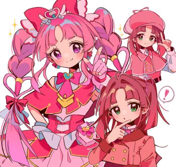 Rule 34 | !, 1girl, blunt bangs, blush, bow, bowtie, braid, buttons, capelet, closed mouth, commentary request, cure mystic, double-breasted, dress, dual persona, fingerless gloves, gloves, hair bow, hand on own hip, hand up, highres, jacket, kobayashi mikuru, l hand, long hair, looking at viewer, meitantei precure!, multiple views, open mouth, parted bangs, pink bow, pink bowtie, pink capelet, pink dress, pink eyes, pink gloves, pink hair, pink jacket, precure, sanamaru (sana79261827), simple background, smile, spoken exclamation mark, thick eyebrows, twin braids, upper body, white background