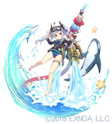 Rule 34 | 1girl, barefoot, breasts, commentary request, dolphin, full body, gemini seed, goggles, goggles on head, highres, horns, kurano (gemini seed), kurano (swimsuit) (gemini seed), looking at viewer, official alternate costume, official art, open mouth, orca, simple background, solo, starfish, usamata, water, watermark, white background