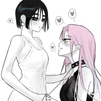 2girls alien_stage black_hair blush collar commentary dress earrings english_commentary hand_on_another&#039;s_shoulder heart highres holding holding_leash imsoboredd4 jewelry leash long_hair mizi_(alien_stage) multiple_girls parted_lips pink_hair purple_eyes short_hair simple_background smile spoken_heart sua_(alien_stage) white_background yellow_eyes yuri