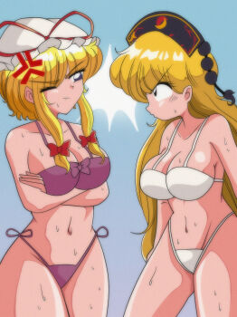 Rule 34 | 1990s (style), 2girls, :o, absurdres, arms under breasts, bikini, black eyes, blonde hair, blue background, blush, bow, breasts, cleavage, closed mouth, collarbone, commentary request, commission, crossed arms, dalachi (headdress), dripping, feet out of frame, frown, gold trim, hair bow, hat, hat ribbon, highres, junko (touhou), large breasts, long hair, low-tied sidelocks, midriff, miwijag1997, mob cap, multiple girls, navel, one eye closed, pixiv commission, purple bikini, purple eyes, red bow, red ribbon, retro artstyle, ribbon, short hair with long locks, sidelocks, simple background, sweatdrop, swimsuit, touhou, v-shaped eyebrows, white bikini, white hat, yakumo yukari