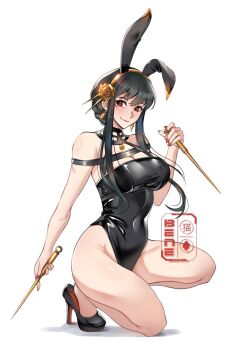 1girl animal_ears bare_shoulders beneceadraws black_hair black_leotard blush breasts cleavage closed_mouth dual_wielding fake_animal_ears full_body heel_pop high_heels highleg highleg_leotard holding holding_weapon large_breasts leotard looking_at_viewer playboy_bunny rabbit_ears red_eyes red_lips simple_background smile solo spy_x_family strapless strapless_leotard weapon white_background yor_briar