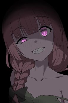 1girl @_@ bare_shoulders black_background black_bow blunt_bangs blush bocchi_the_rock! bow braid brown_hair collarbone commentary grin hair_bow hair_over_shoulder half-closed_eye halulu head_tilt highres hiroi_kikuri looking_at_viewer medium_hair pink_eyes portrait simple_background single_braid smile solo strap_slip