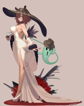 1girl alternate_costume animal_ears backless_dress backless_outfit black_feathers breasts brown_hair clothing_cutout detached_sleeves dress feathers fedora full_body fur_trim green_eyes grey_background hat high_heels highres holding holding_smoking_pipe indie_virtual_youtuber large_breasts long_dress looking_at_viewer naplings_(nimi_nightmare) nimi_nightmare parted_lips roober shoes signature simple_background smoking_pipe standing tapir_ears thigh_cutout virtual_youtuber white_dress white_shoes wide_brim