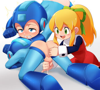 1boy 1girl ^^^ anal anal_fingering anus ass blonde_hair blue_eyes blue_helmet blue_suit blush boots capcom cum dress drooling ejaculation femdom fingering formal_clothes green_eyes handjob helmet loli lolidom masturbation mega_man_(character) mega_man_(classic) mega_man_(series) milking_handjob multiple_views penis robot robot_boy robot_girl rockman_(game) roll_(mega_man) saliva shota siblings smile suit sweatdrop teeth testicles trembling