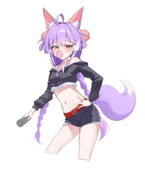 1girl absurdres ahoge animal_ear_fluff animal_ears belt black_shirt black_shorts blowing_bubble_gum blush braid braided_twintails chewing_gum choppy_bangs commentary_request cone_hair_bun crop_top cropped_legs cropped_shirt fox_ears fox_girl fox_tail green_eyes hair_bun hair_intakes hair_ornament hand_on_own_hip heterochromia highres korean_commentary long_hair long_sleeves multicolored_hair navel off-shoulder_shirt off_shoulder orange_eyes pom_pom_(clothes) pom_pom_hair_ornament purple_hair purple_tail red_belt shirt short_shorts shorts simple_background standing stellive stomach streaked_hair tail tank_top tenko_shibuki tiokun7 twin_braids two-tone_hair virtual_youtuber white_background white_streaks white_tank_top