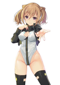 1girl absurdres alice_gear_aegis black_jacket black_thighhighs booth_babe breasts brown_hair circle_cutout cleavage clothing_cutout commentary_request companion/af cowboy_shot cropped_jacket foreshortening front_zipper full-length_zipper gluteal_fold hand_on_own_chest hand_on_own_hip heattech_leotard highleg highleg_leotard highres jacket kimikage_yui leotard looking_at_viewer medium_breasts purple_eyes race_queen reaching reaching_towards_viewer simple_background sleeveless_turtleneck_leotard smile solo standing thighhighs turtleneck twintails twintails_with_hair_base white_background white_leotard yashin_(yasinz) zipper zipper_leotard zipper_pull_tab
