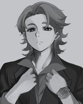 1boy adjusting_clothes brief_(psg) collared_shirt commentary_request earrings freckles frown greyscale highres jacket jewelry male_focus monochrome panty_&amp;_stocking_with_garterbelt shirt solo sostenuto0 stud_earrings upper_body watch wristwatch